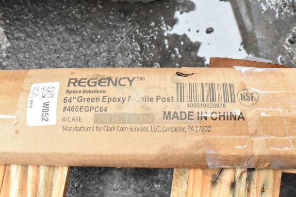 12 assorted new scratch and dent items: Regency 64" green epoxy mobile post labeled #460EGPC64, NSF certified, made in China.
