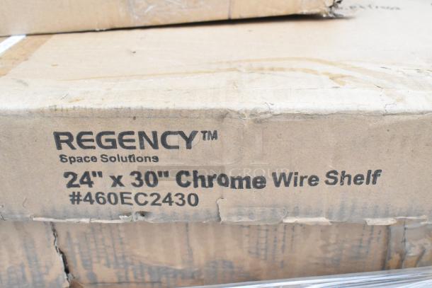 Cardboard box labeled "REGENCY Space Solutions 24 x 30 Chrome Wire Shelf #460EC2430," showcasing new item condition.