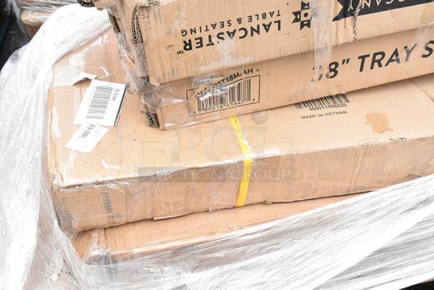 New items still in packaging, including wire shelves, dump sink, and tray stands. Labeled "Lancaster" and "Made in Vietnam."