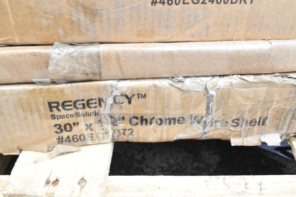 12 brand new items in damaged boxes including Regency 30"x12" chrome wire shelves. Packaging shows wear.
