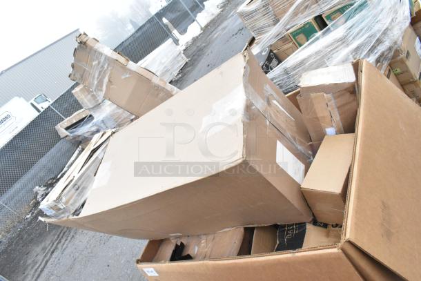 Cardboard boxes containing scratch and dent items including gloves, cart, and ingredient bin; labels visible.