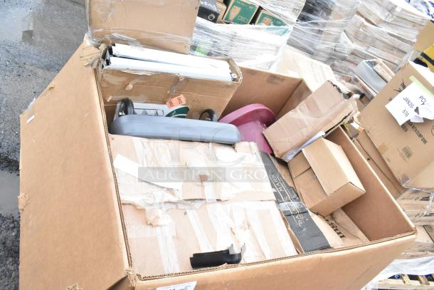 Box containing 8 new scratch and dent items including gloves, a cart, and an ingredient bin. Various labels and markings visible.