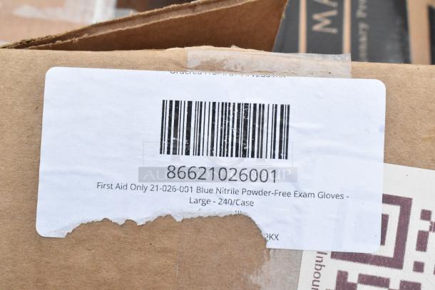 Box with barcode showing First Aid Only blue nitrile powder-free exam gloves, large, 240/case.