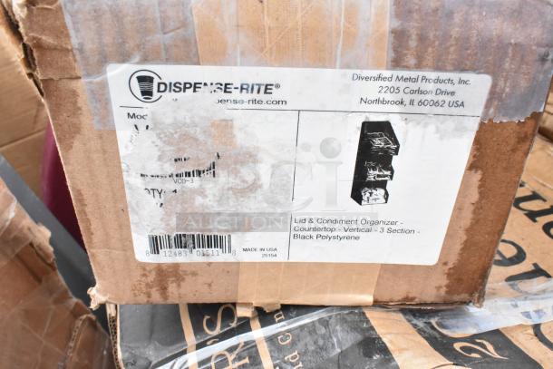 Cardboard box with a Dispense-Rite label showing a lid and condiment organizer, 3-section, black polystyrene, made in USA.