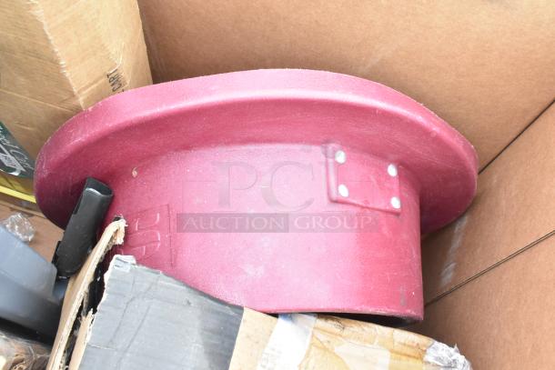 Red plastic ingredient bin with riveted corners, slightly scuffed, included in a lot of 8 scratch and dent items.