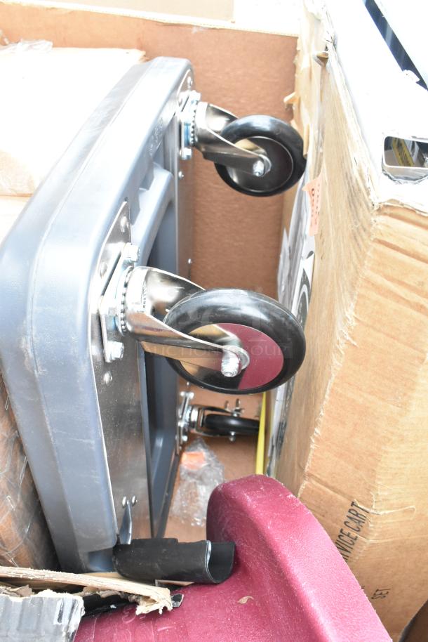 Collection of 8 new scratch and dent items, including a cart with swivel casters, gloves, and an ingredient bin in original packaging.