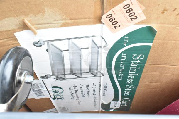 8 new scratch-and-dent items: stainless steel cart, 3-tier, 33"x21"x37", 220lb capacity, 4 casters, unassembled.
