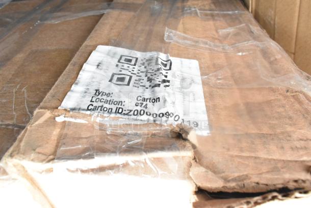 Cardboard box with visible label showing QR code, "Type: Carton," "Location: c74," and "Carton ID: Z00000900119."