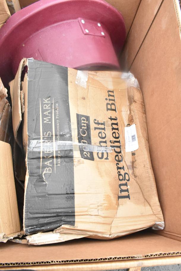 Boxed Baker's Mark 200-cup ingredient bin with visible cardboard damage, part of a lot including new scratch and dent items.
