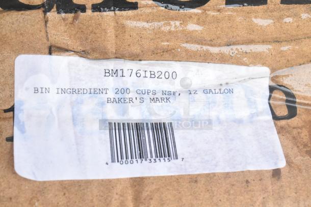 Label on cardboard indicating "BM176IB200, Bin Ingredient, 200 Cups NSF, 12 Gallon, Baker's Mark" with a barcode.