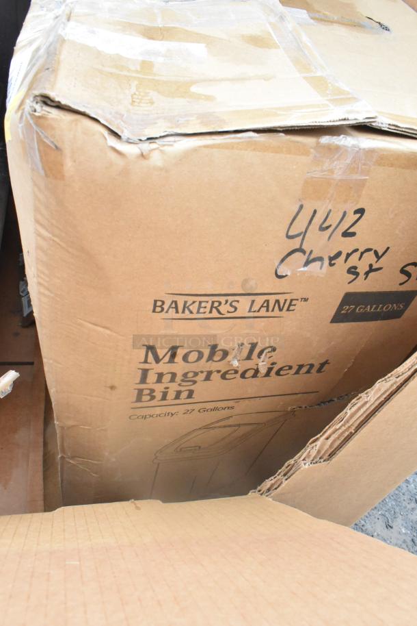 Baker's Lane 27-gallon Mobile Ingredient Bin box, new condition, with hand-written address on side.