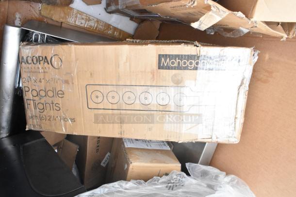 Cardboard box labeled "Acopa Tableware Paddle Flights" with six 2 1/4" holes; includes splash guard and ingredient bin. Scratch and dent condition.