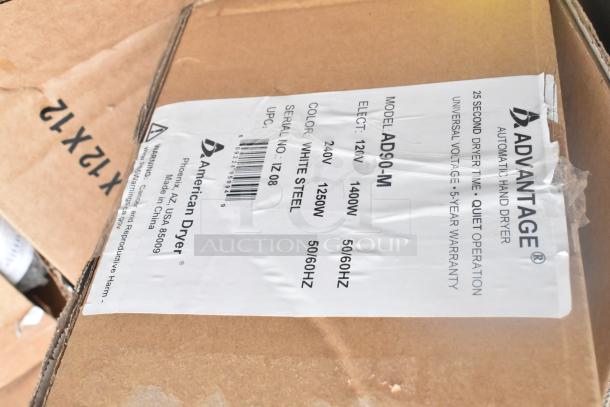 15 new scratch and dent items in box labeled "ADVANTAGE Automatic Hand Dryer." Model AD90-M, white steel, 5-year warranty.