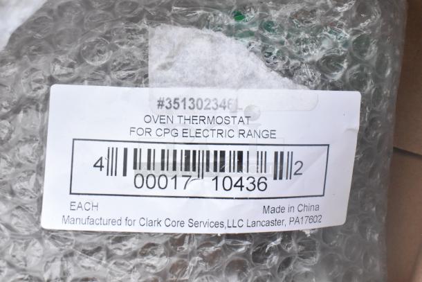 Bubble-wrapped oven thermostat for CPG electric range, labeled with barcode and manufacturer details. Brand new, scratch and dent item.