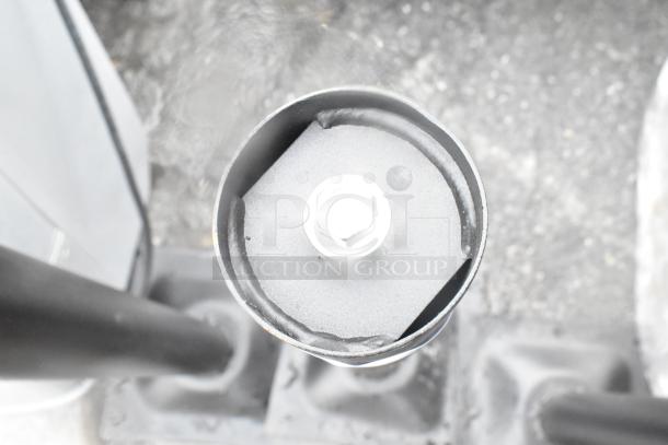 Three brand new scratch and dent table base columns, metal structure, black finish, visible bolt on top.