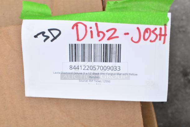 Barcode label showing Lavex Diamond Deluxe 3' x 12' Black Anti-Fatigue Mat with yellow borders, item code 844122057009033.
