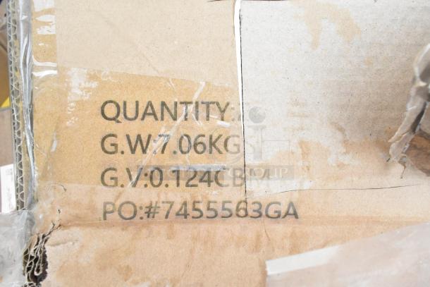 Cardboard box labeled with "Quantity," "G.W. 7.06 KG," "G.V. 0.124 CBM," and "PO: #7455563GA." Shows some wear.