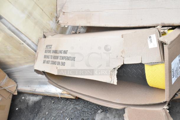 6 new scratch and dent items, including a floor mat with a damaged box, visible label states handling instructions.