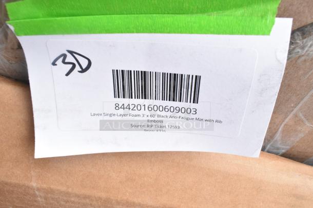 Barcode label for Lavex 3'x60' black anti-fatigue mat with rib emboss, scratch, and dent condition, priced at $325.