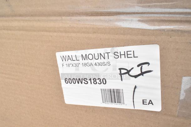Cardboard box with label reading "Wall Mount Shelf, F 18''x30'' 18GA 430S/S, 600WS1830." Includes barcode and markings.