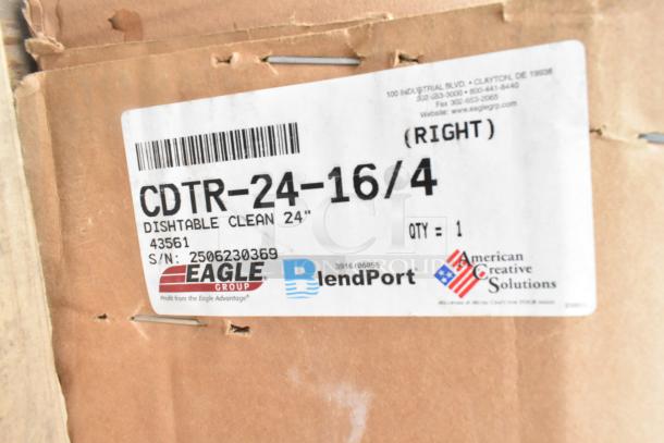 Box label for Eagle Group CDTR-24-16/4 Dishtable, Clean 24", S/N: 2506230369, American Creative Solutions branding.