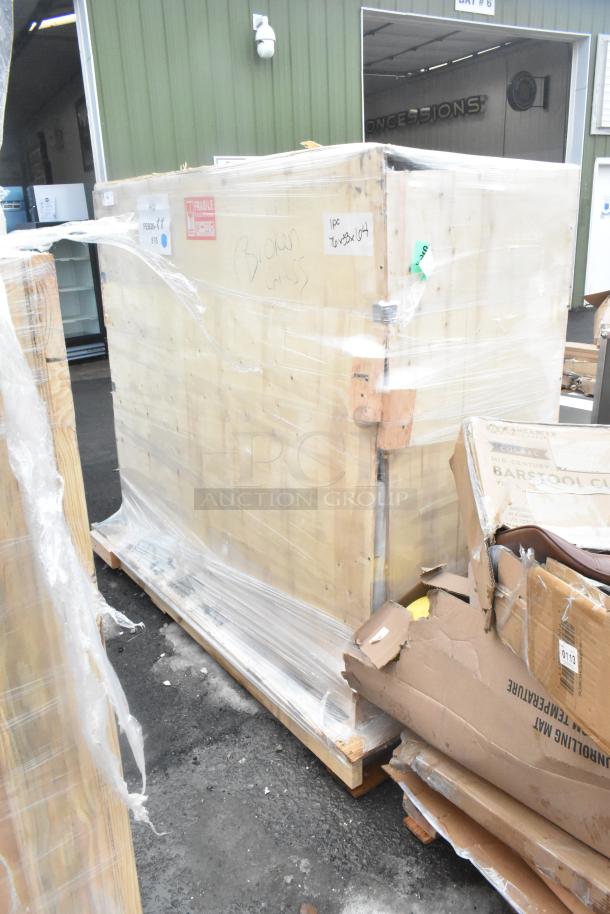 Brand new Avantco BCF-72-HC refrigerated bakery display case in packaging, labeled "Broken Glass," indicating damage.