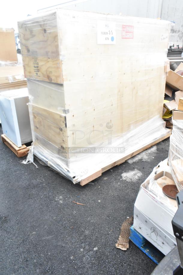 Brand new Avantco BCF-72-HC refrigerated bakery display case, 70 7/8", white, in original crated packaging, visible labels.