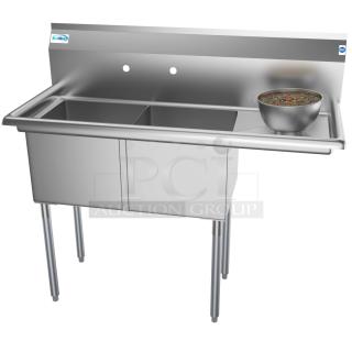 Brand new KoolMore SB151512-15R3 stainless steel commercial sink with two compartments and drainboard, slight scratches.