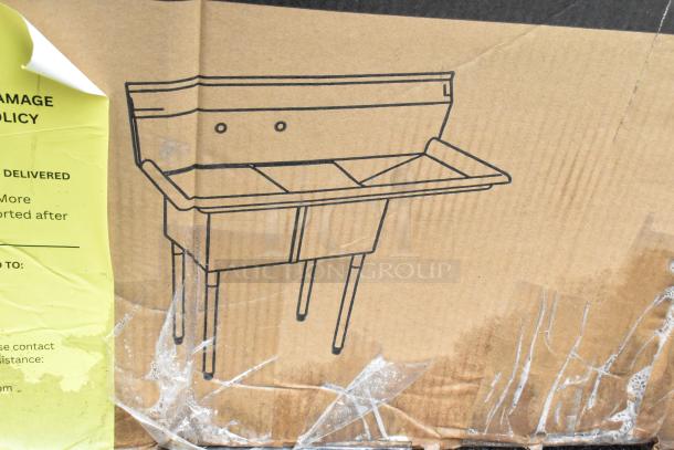 Brand new KoolMore SB151512-15R3 with minor scratches. Two compartment stainless steel commercial sink, includes drainboard. Box shows sink diagram.