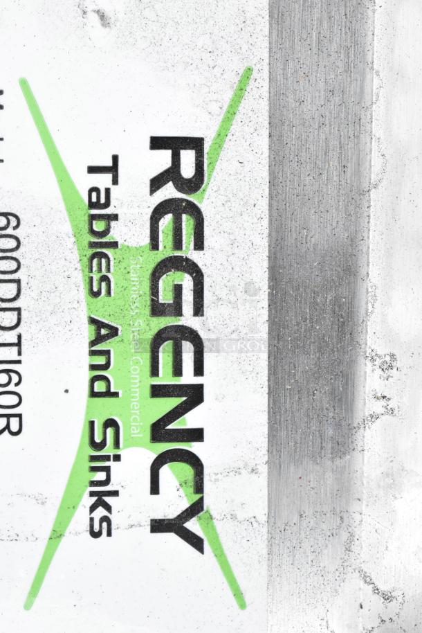 Regency 600DDTI60R stainless steel dishtable label, features 16-gauge material, right island design, some scratches.