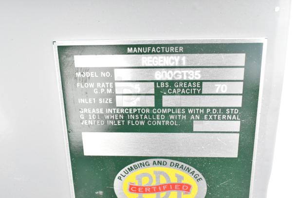 BRAND NEW Regency 600GT35 70 lb. grease trap with 35 GPM flow, 3" non-threaded connections, PDI certified.