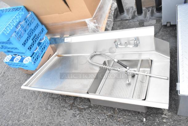 Brand new dirty side dish table, left side, scratch and dent condition, no legs, with faucet and hose attachments.