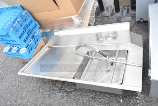 Brand new dirty side dish table, left side, scratch and dent condition, no legs, with faucet and hose attachments.