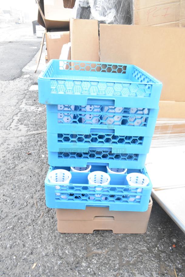 Lot of 7 poly dish caddies, brand new with minor scratches and dents. Blue plastic, stackable design, sturdy for heavy use.