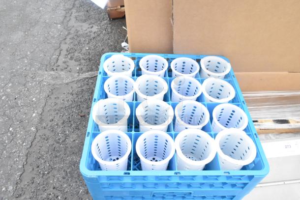 Lot of 7 new scratch and dent poly dish caddies, blue trays with white perforated holders, for dish stacking and storage.