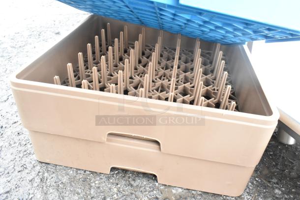 Lot of 7 new scratch and dent poly dish caddies, beige, stackable, durable plastic construction, minor imperfections.