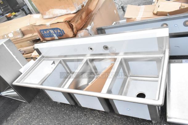 BRAND NEW Regency 600S3162018L Stainless Steel 3 Bay Sink with left side drain board, slight scratches.