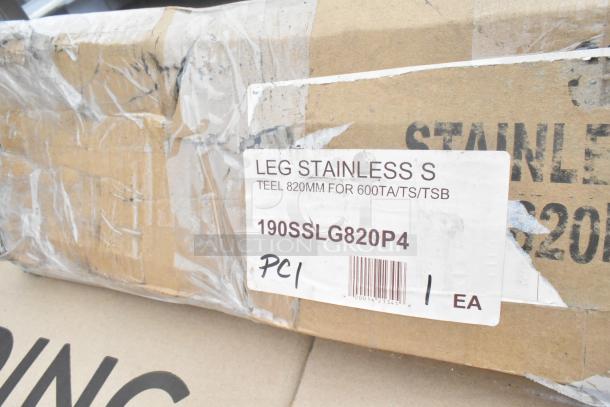 Stainless steel leg, 820mm, labeled for 600TA/TS/TSP, marked 190SSLG820P4, new with scratch and dent. Includes 15 items.