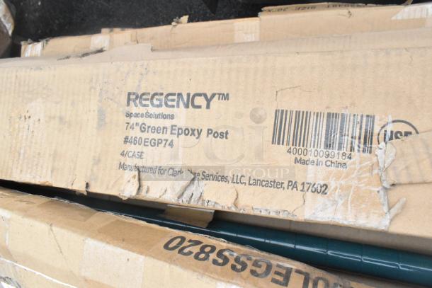 Regency 74" Green Epoxy Post #460EGP74, box shows scratches and dents, label indicates NSF certified, made in China.