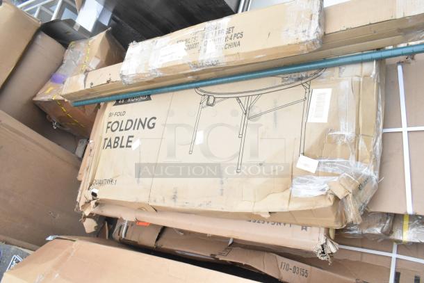 15 new scratch and dent items, including boxed bi-fold folding table, posts, and outdoor table. Signs of outer wear.