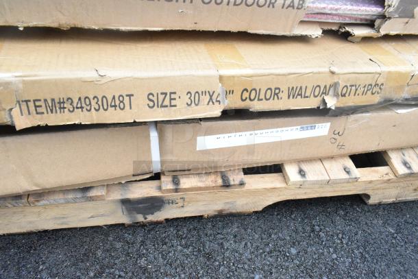 Cardboard boxes with visible item number 3493048T, size 30"x42", color walnut/oak, stacked on a wooden pallet.