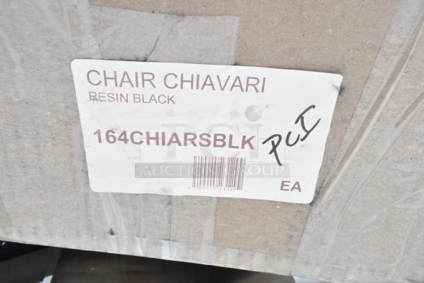 Label indicating a "Chair Chiavari" made from black resin, model "164CHIARSBLK." Markings include "PJI" and a barcode.