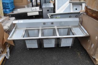 Regency 600S31416212 3 bay sink, stainless steel, brand new with scratch and dent imperfections, visible labels, sturdy construction.