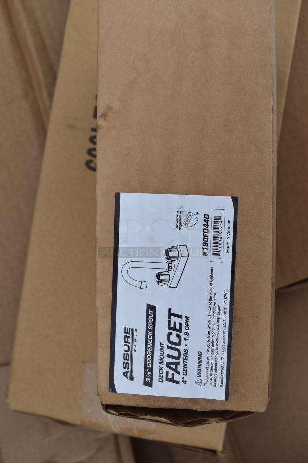 Box labeled "Assure Parts Faucet" with specs for a 3½" gooseneck spout and 1.8 GPM flow, indicating contents are new.