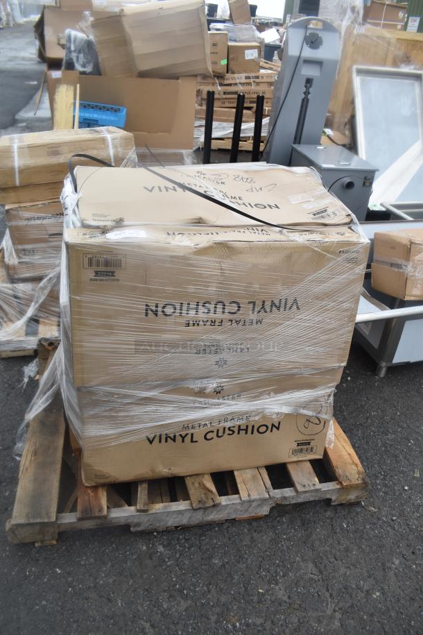 Pallet of brand new vinyl cushions, boxed and shrink-wrapped. Marked as "Scratch and Dent."