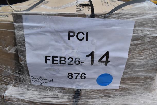 Pallet with label reading "PCI, FEB26-14, 876" containing five new scratch and dent cushions.
