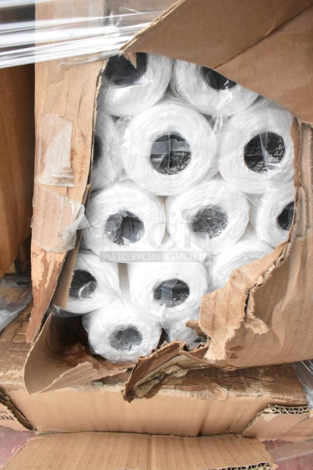 Damaged box containing multiple rolls of white plastic wrap.