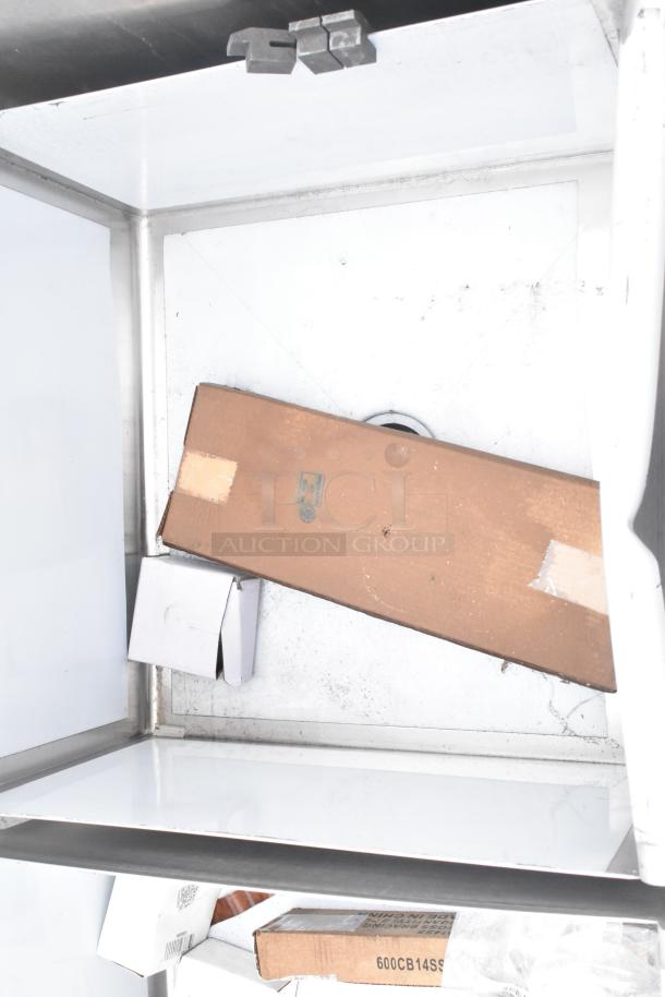 Brand new Steelton 522US12424 utility sink, 24"x24"x14", for 8" faucet, scratch and dent condition, with packaging visible.