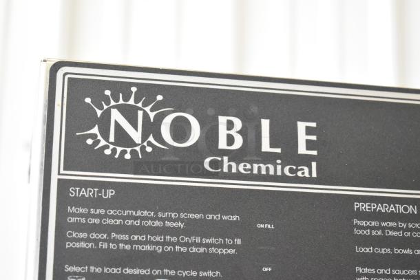 Noble CONSERVER XL commercial dishwasher label with start-up and preparation instructions visible.