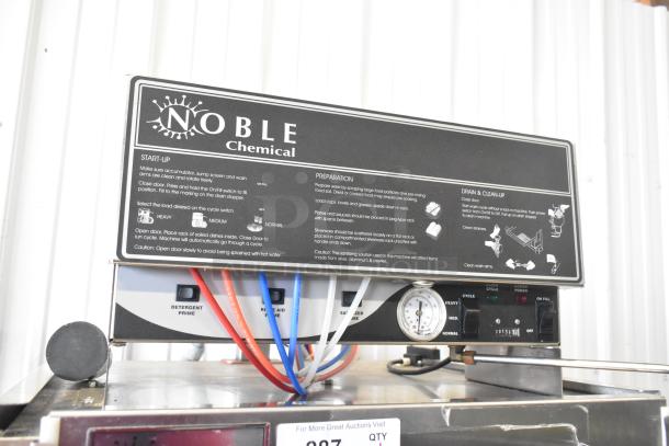 Noble CONSERVER XL Commercial Pass Through Dishwasher, 115V, 1 Phase, low temp, with control panel and labeling guide visible.